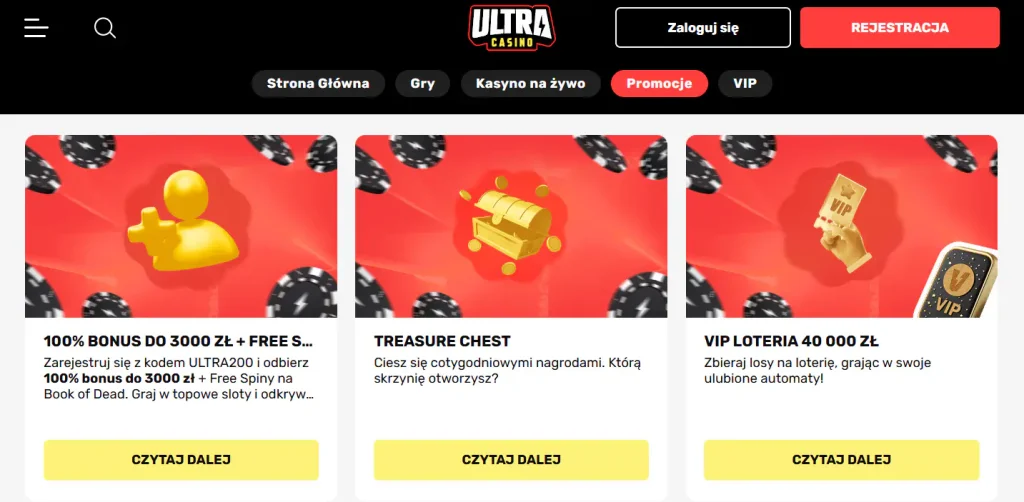 Aktualna sekcja promocji lub warunków bonusowych UltraCasino