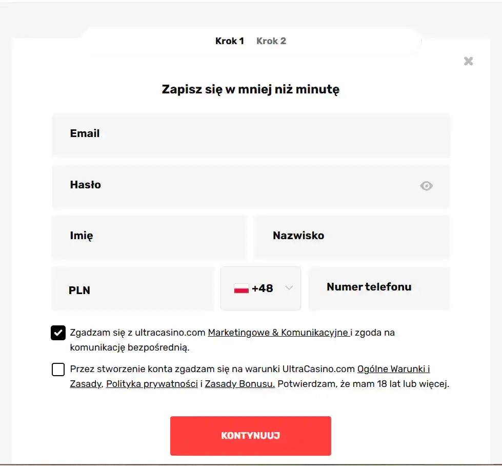 Aktualny ekran rejestracji lub logowania UltraCasino