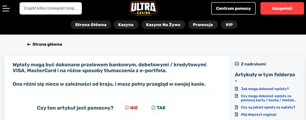 Ekran kasjera lub oficjalna sekcja płatności UltraCasino