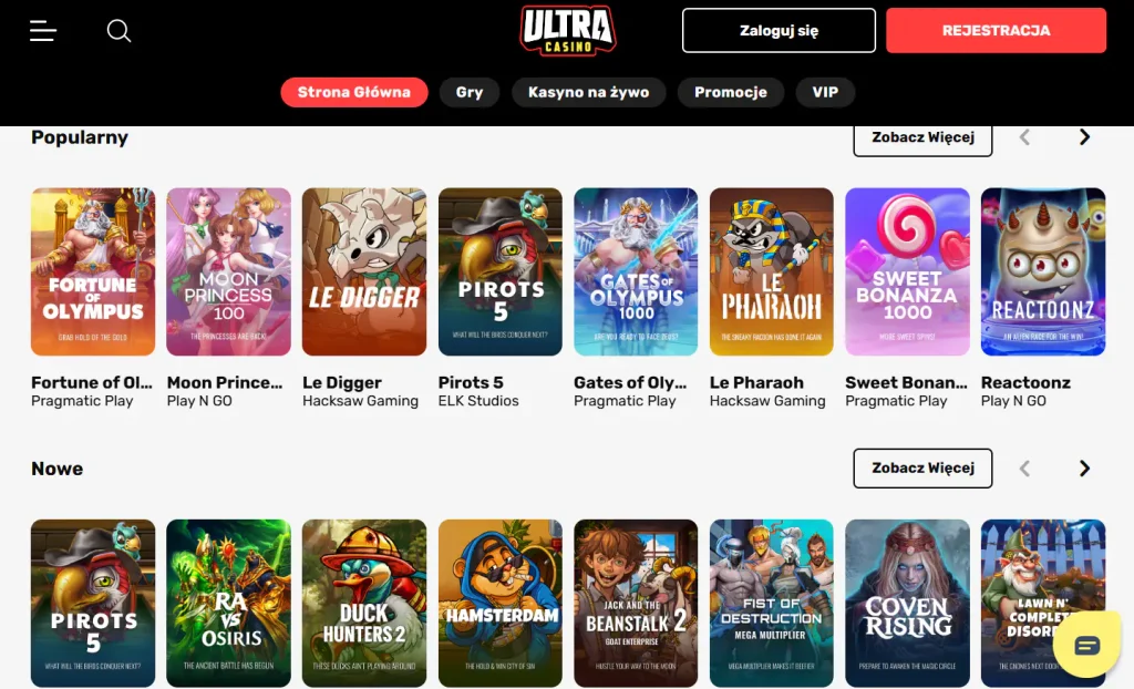 Lobby gier UltraCasino z kategoriami automatów i kasyna na żywo