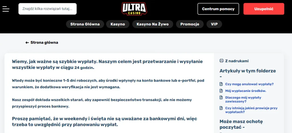 Oficjalna instrukcja UltraCasino dotycząca czasu wypłaty