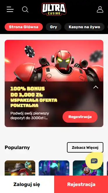UltraCasino w aktualnym widoku mobilnym