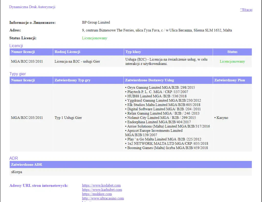 Wpis BP Group Limited i UltraCasino w rejestrze Malta Gaming Authority